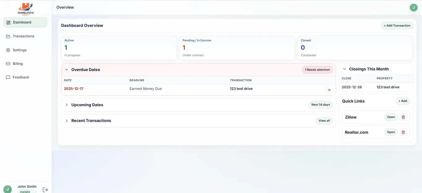 Transaction management dashboard showing deadlines and checklist